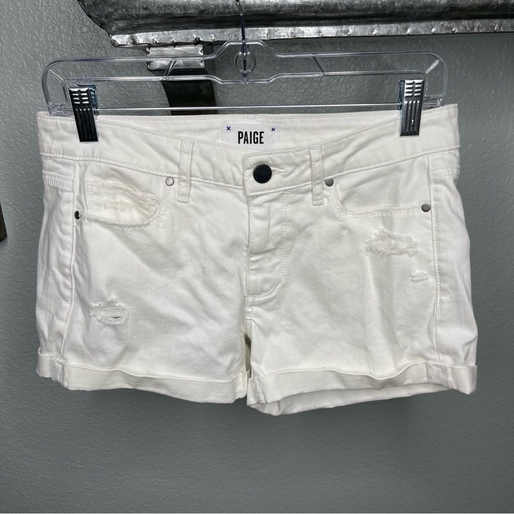 Paige White Denim Distressed Raw Cuffed Hem Jean Shorts Size 28